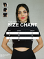 Woman wearing a black high-neck crop top with size chart overlay on a gray background